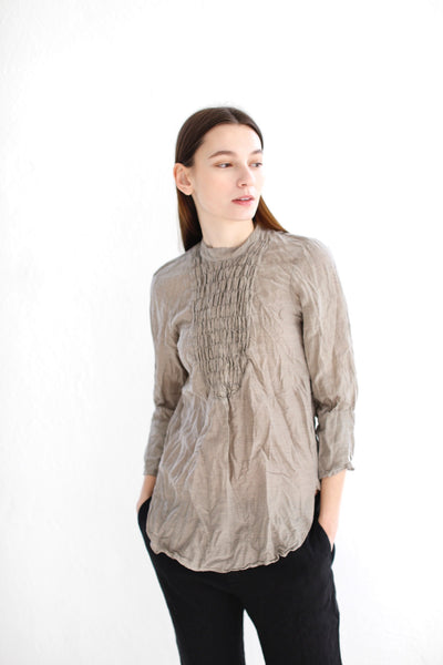 20.1.02 Blouse with Ruched Yolk, Brown and Black Pinstripes